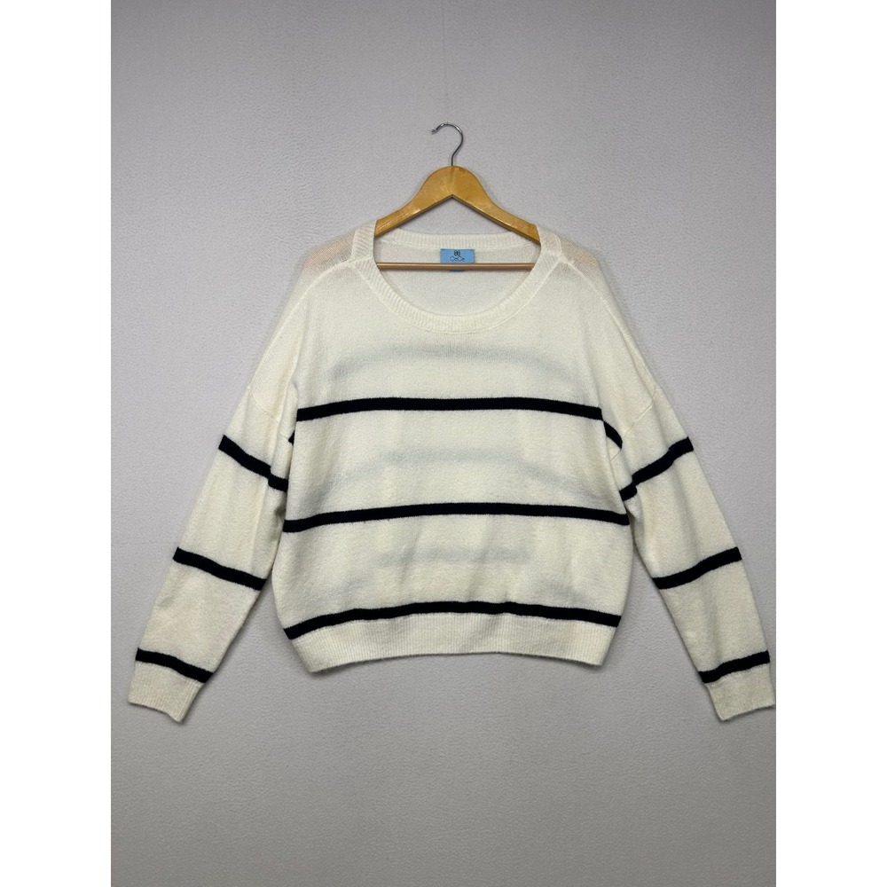Nautical Parisian CeCe Womens Medium Ivory Black Striped Knit Pullover Sweater